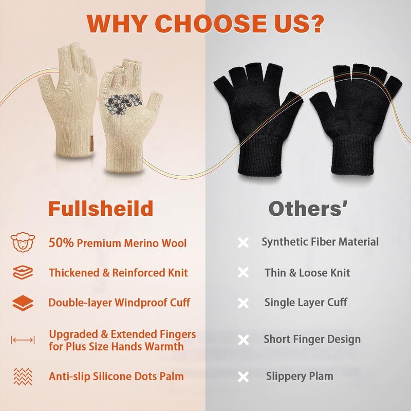 Fullsheild Merino Wool Fingerless Gloves Half Finger Wool Gloves for Men Women Winter Unisex Knit Fingerless Mittens - Image 5